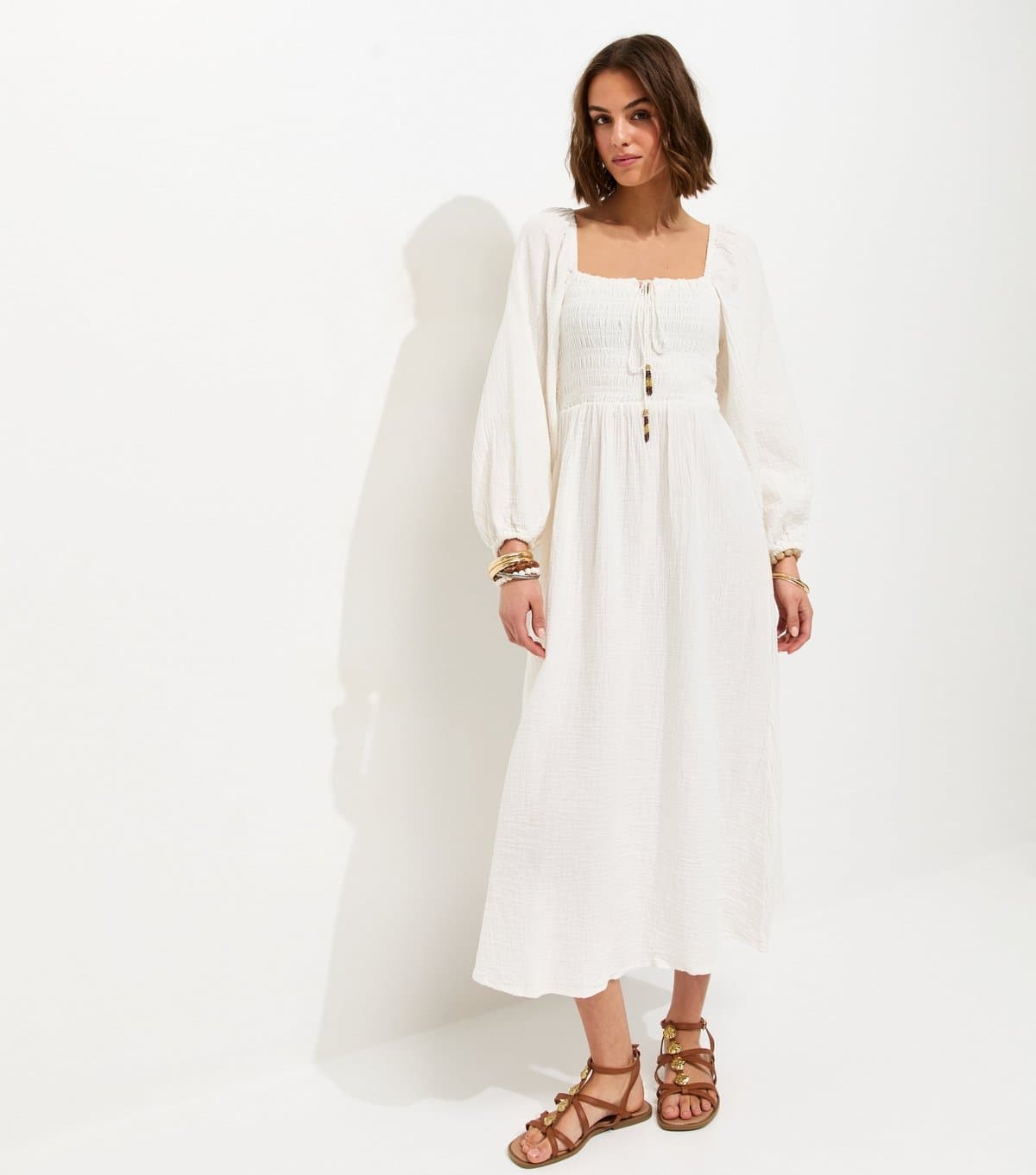 New Look Women's White Cotton Shirred Milkmaid Midi Dress New Look