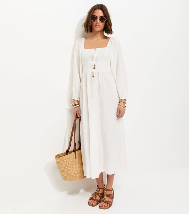 New Look Women's White Cotton Shirred Milkmaid Midi Dress New Look - 3