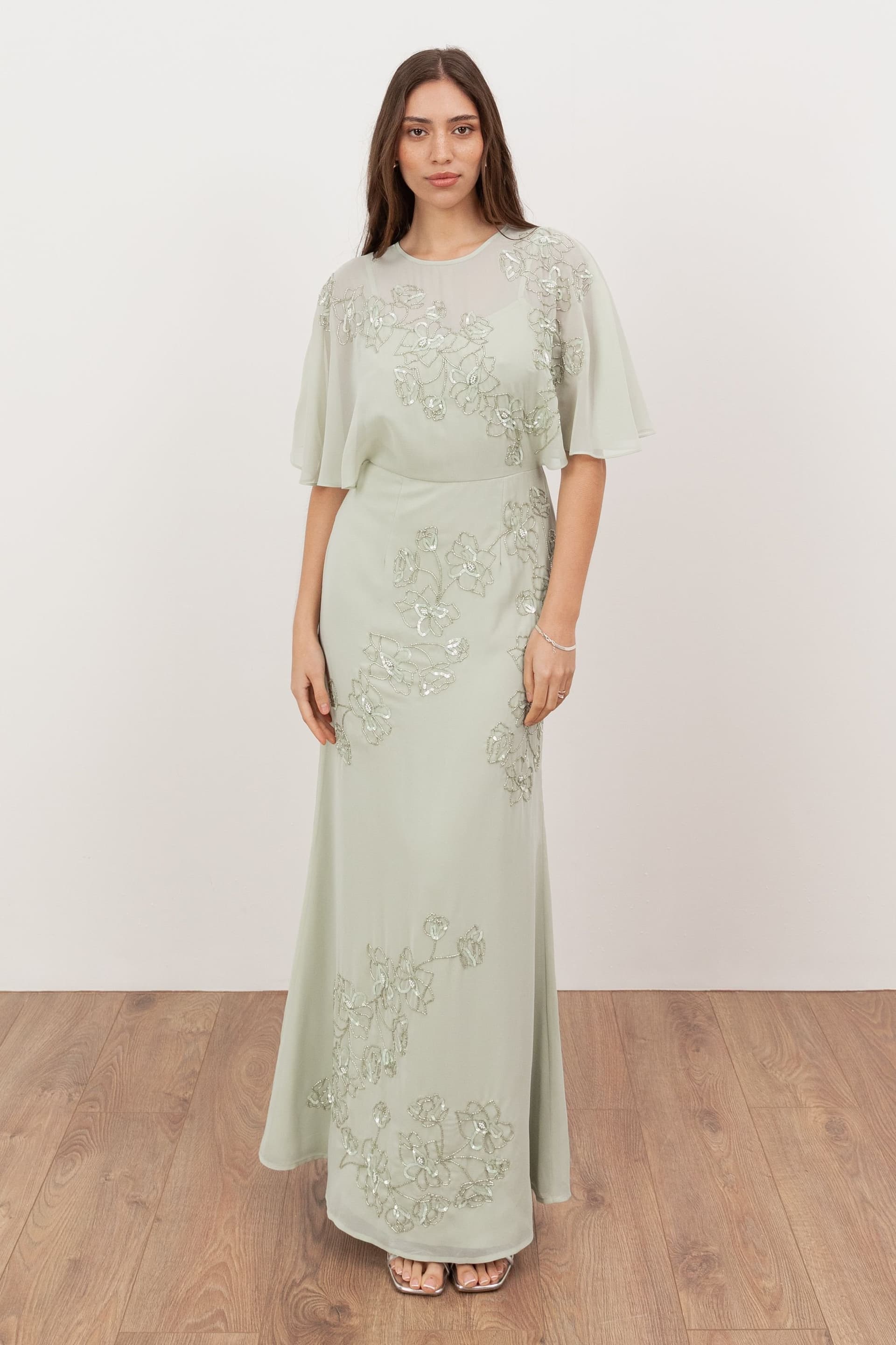 Maya Deluxe Maya Deluxe Women's Floral Embellished Angel Sleeve Maxi Dress in Light Green