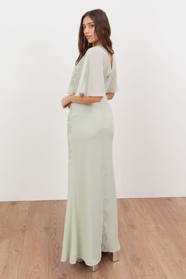 Maya Deluxe Maya Deluxe Women's Floral Embellished Angel Sleeve Maxi Dress in Light Green - 2