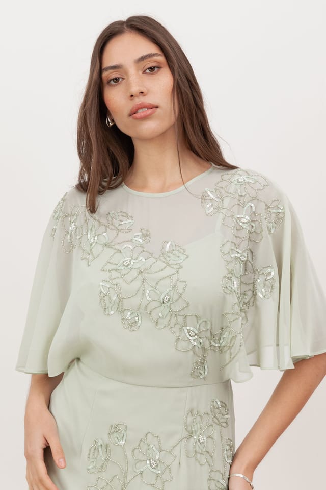 Maya Deluxe Maya Deluxe Women's Floral Embellished Angel Sleeve Maxi Dress in Light Green - 3