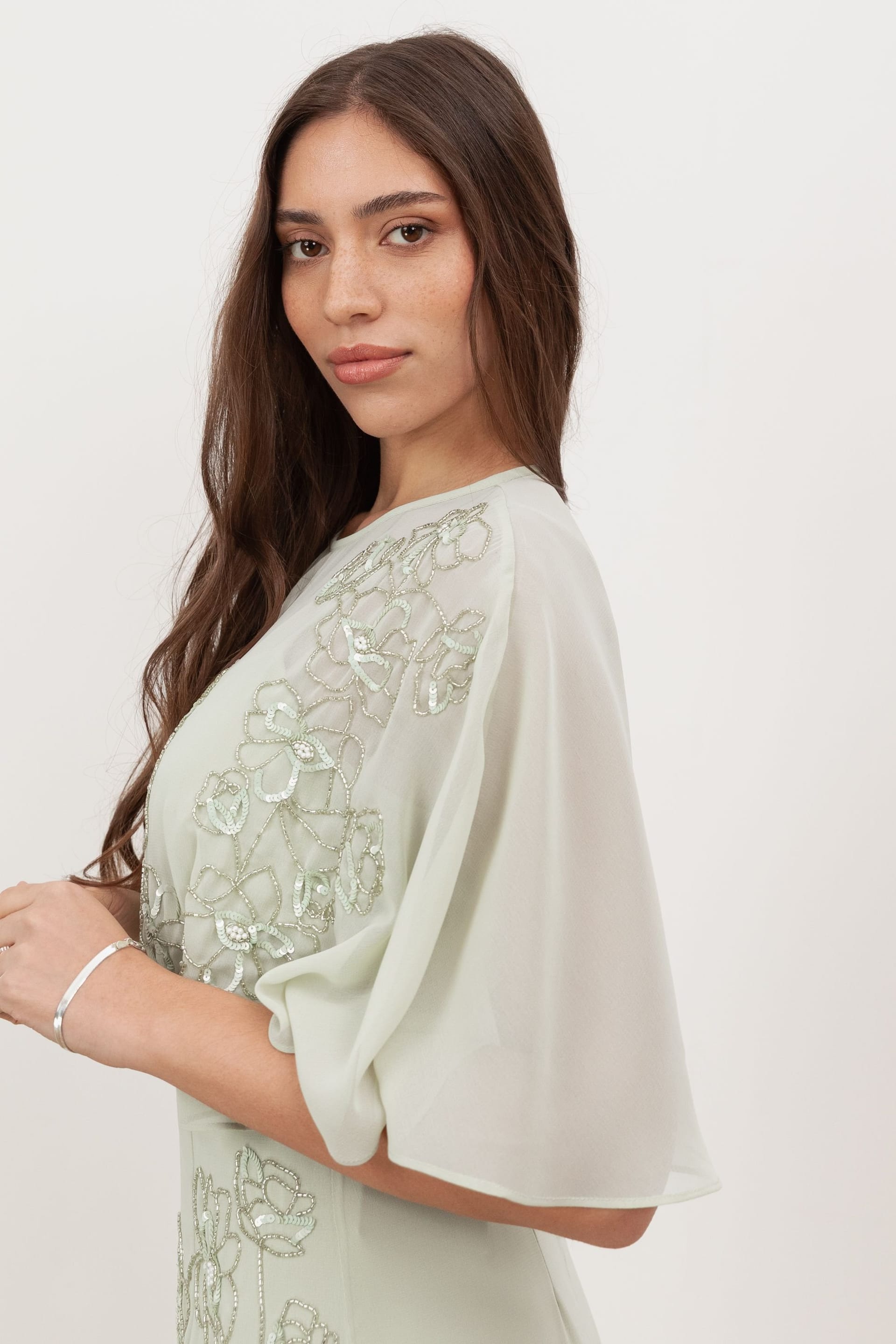 Maya Deluxe Maya Deluxe Women's Floral Embellished Angel Sleeve Maxi Dress in Light Green - 4