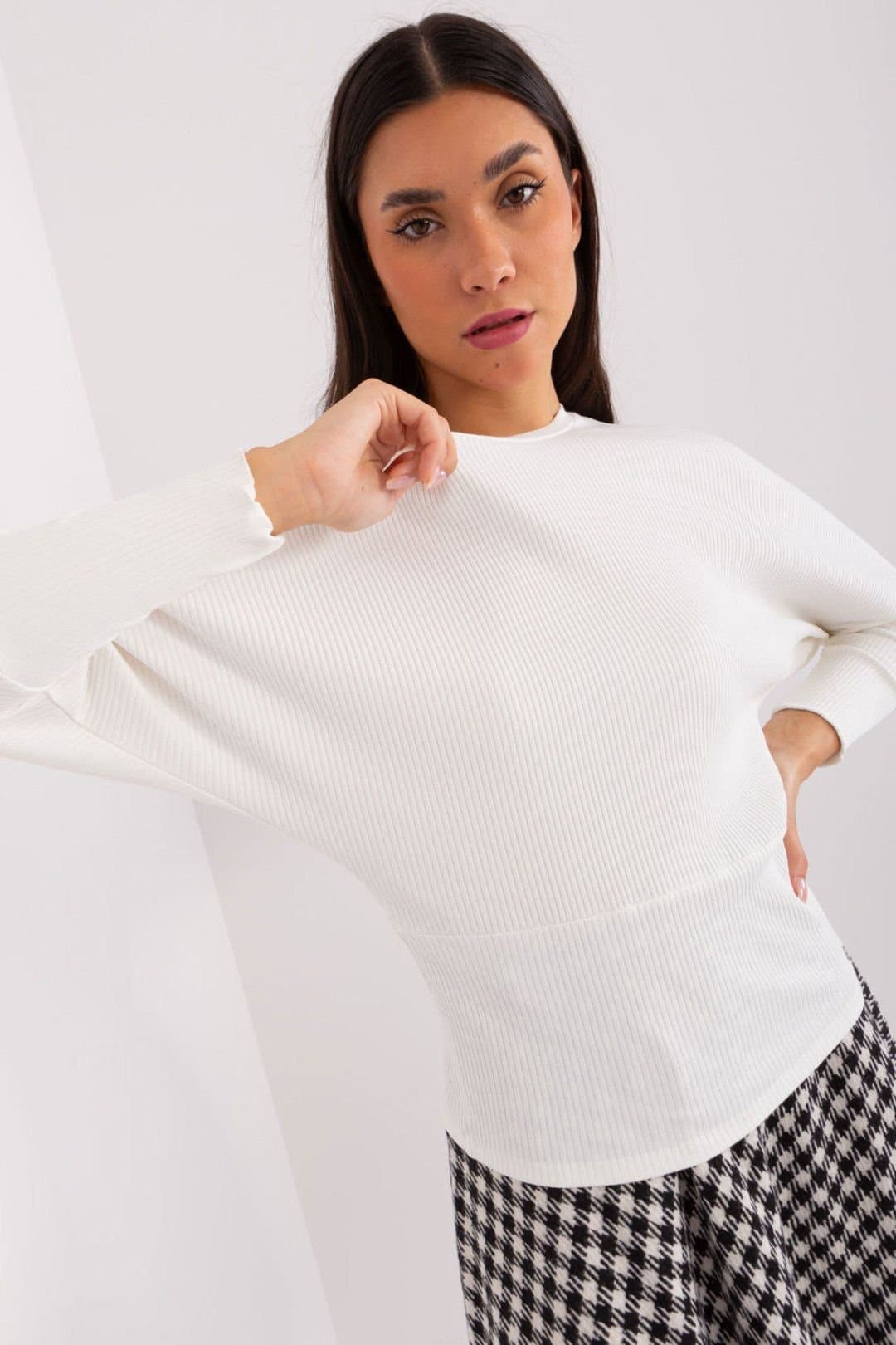 Love Lace Love Lace Women's Cotton Batwing Sleeve Blouse with Ribbed Knit in White