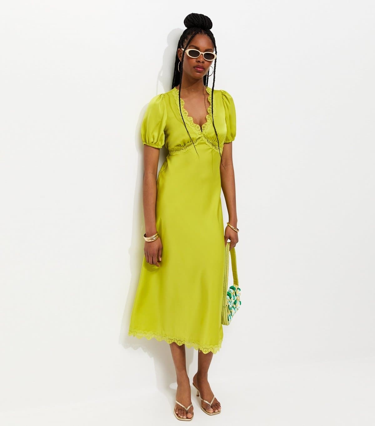 New Look Women's Light Green Satin Lace Trim Tea Midi Dress New Look