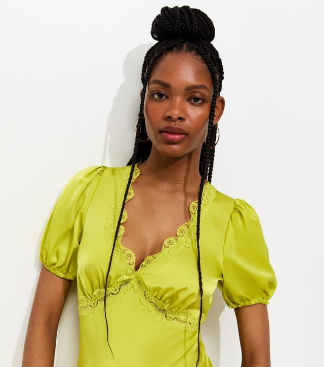New Look Women's Light Green Satin Lace Trim Tea Midi Dress New Look - 2