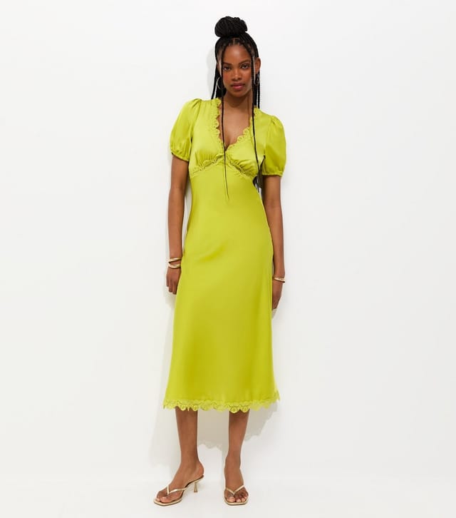 New Look Women's Light Green Satin Lace Trim Tea Midi Dress New Look - 3