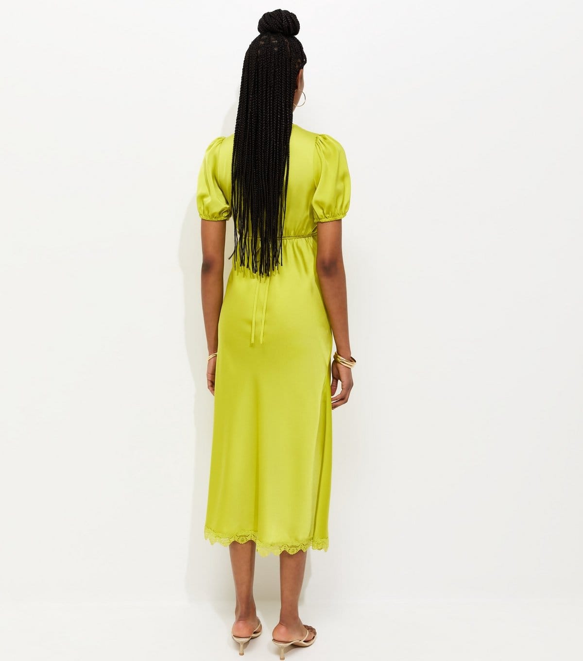 New Look Women's Light Green Satin Lace Trim Tea Midi Dress New Look - 4