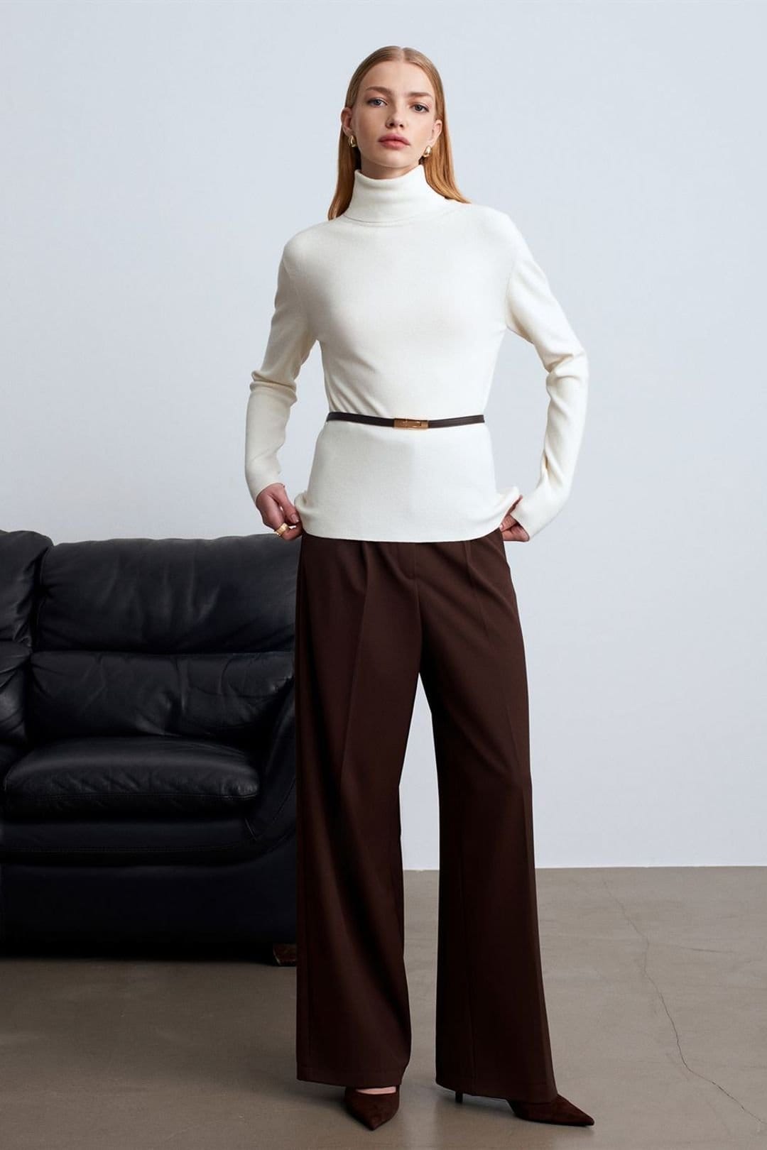 Dilvin Dilvin Women's Belted Turtleneck Knit Sweater in Ivory - 4