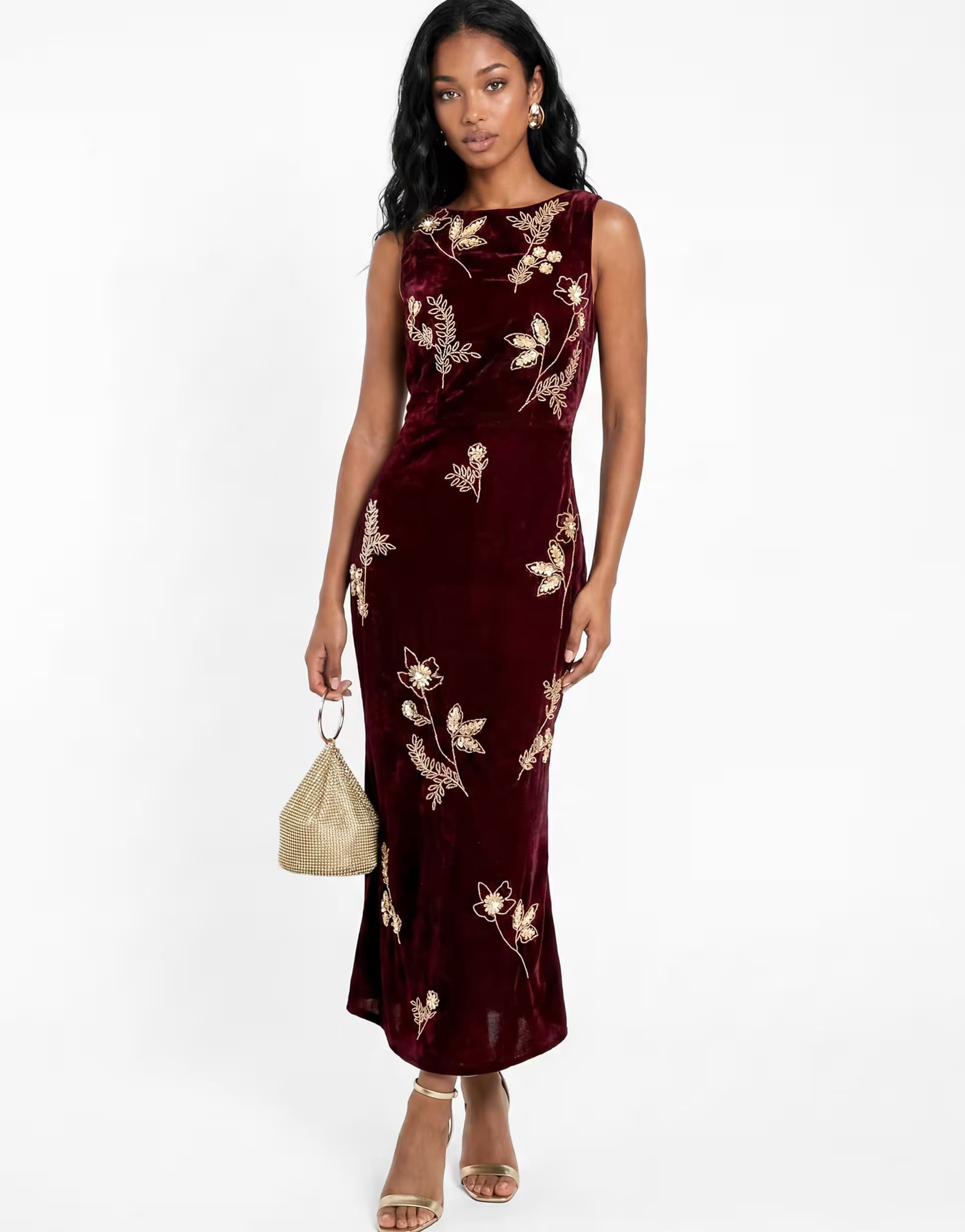 ASOS Maya Floral embellished cowl back velvet midaxi dress in wine
