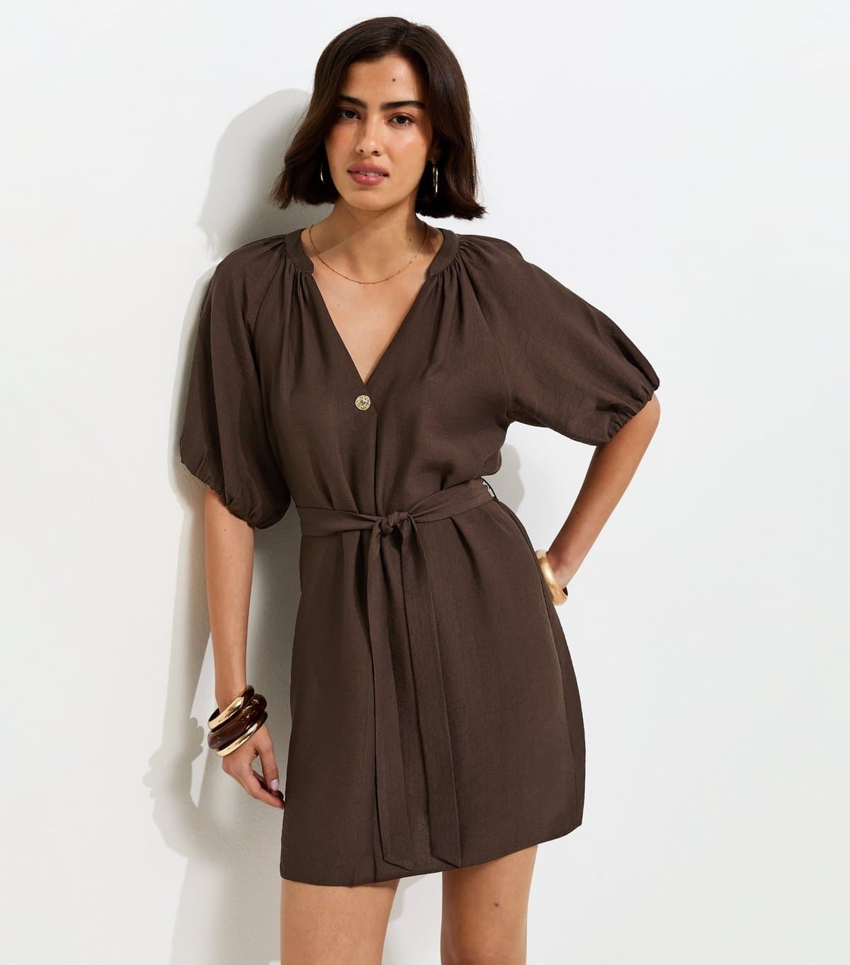 New Look Women's Dark Brown V-Neck Puff Sleeve Belted Mini Dress New Look