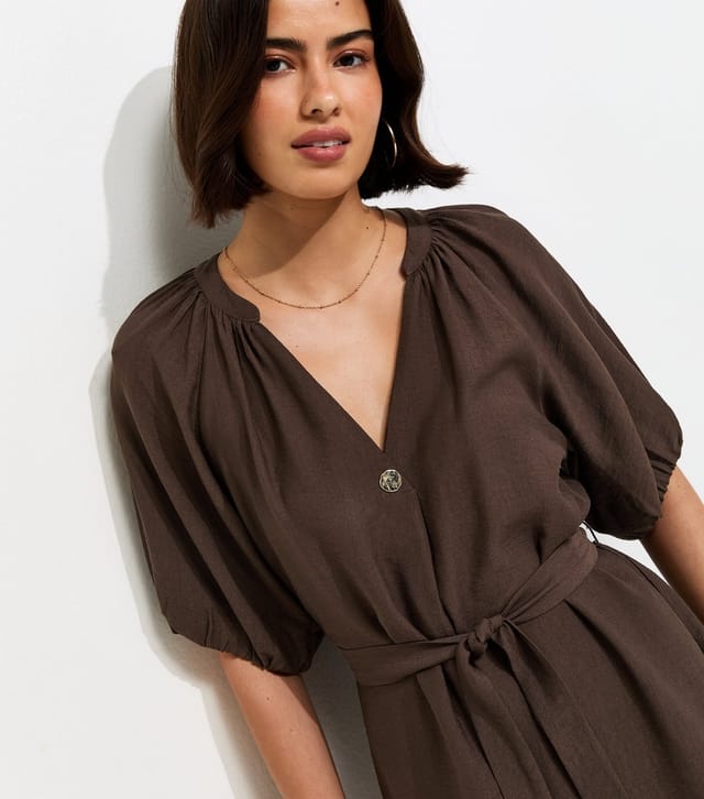 New Look Women's Dark Brown V-Neck Puff Sleeve Belted Mini Dress New Look - 2