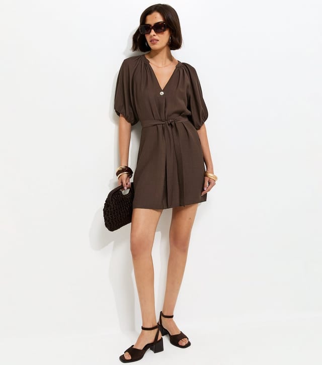 New Look Women's Dark Brown V-Neck Puff Sleeve Belted Mini Dress New Look - 3