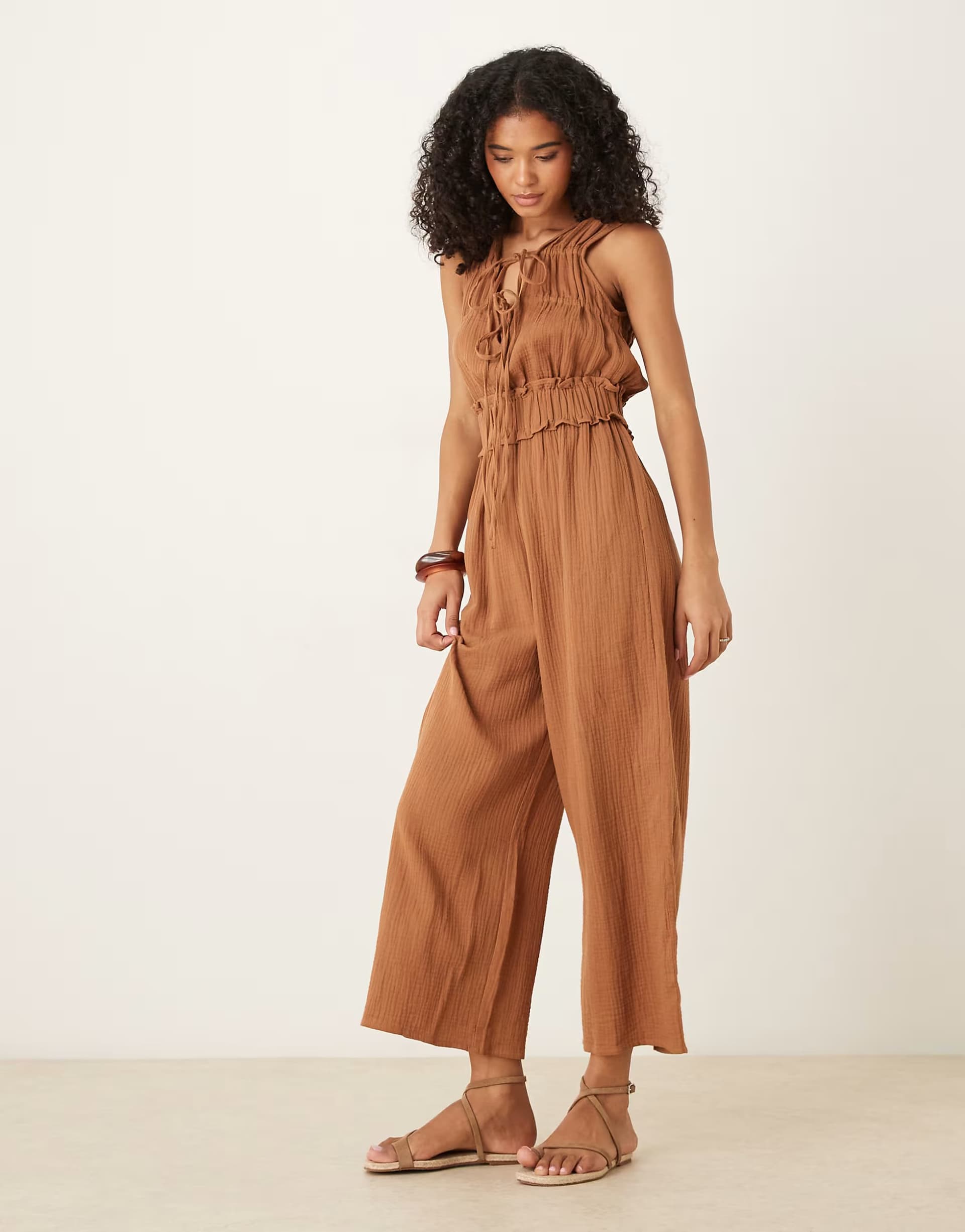 ASOS ASOS DESIGN double cloth gathered bust jumpsuit in camel