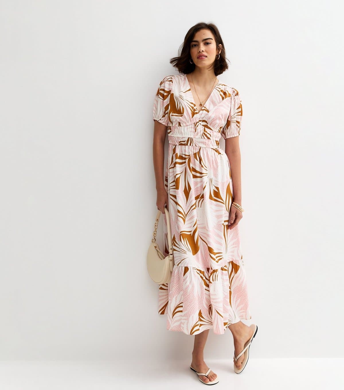 New Look Women's Pink Leaf Print Short Sleeve Midi Dress New Look