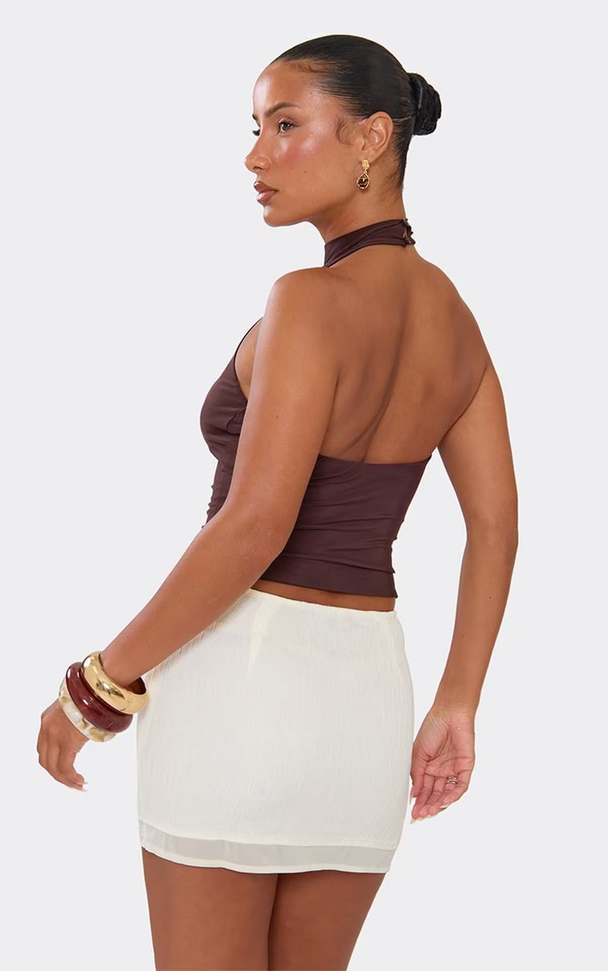 EGO Low Rise Mini Skirt In Cream Textured Chiffon, Women's Size UK 6