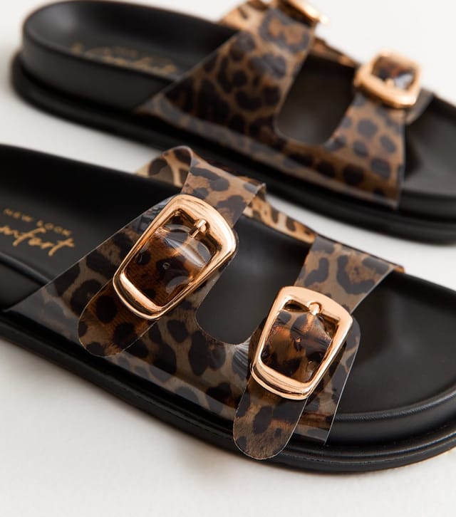 New Look Women's Stone Leopard Print Double Strap Jelly Sandals Vegan New Look - 3