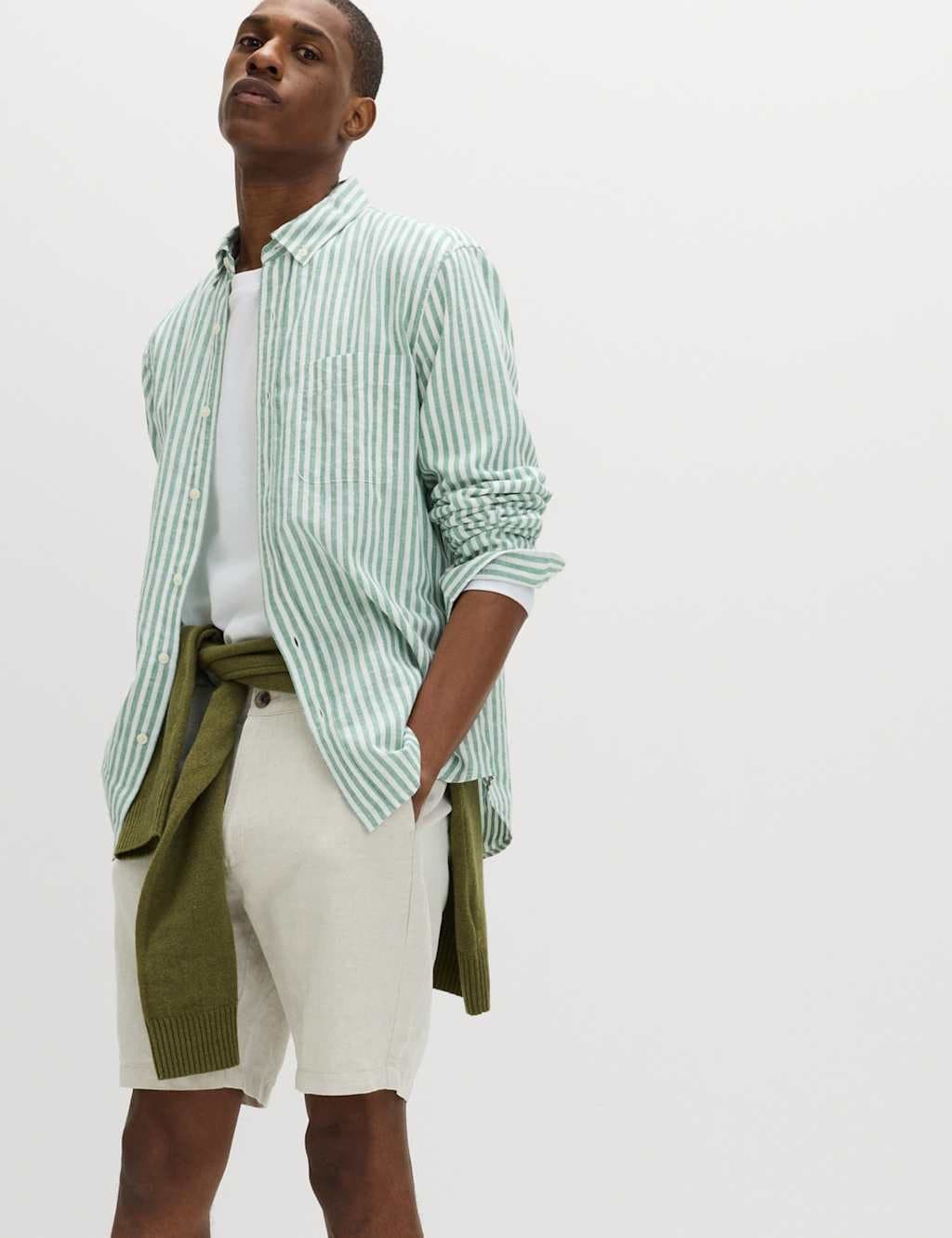 Marks & Spencer M&S Linen Cotton Blend Striped Shirt Green Mix