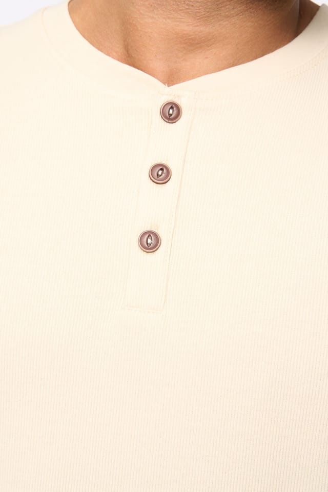 Bewley&Ritch Bewley&Ritch Men's Emberton Ribbed Cotton Stretch Henley Button Neck T-Shirt in Light Beige - 2