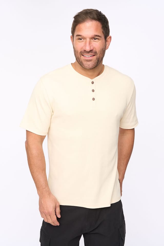 Bewley&Ritch Bewley&Ritch Men's Emberton Ribbed Cotton Stretch Henley Button Neck T-Shirt in Light Beige - 3