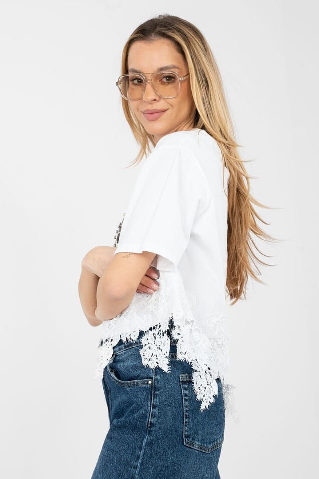 Love Lace Love Lace Women's Cotton Elastane Lace Hem Printed Blouse in White - 2