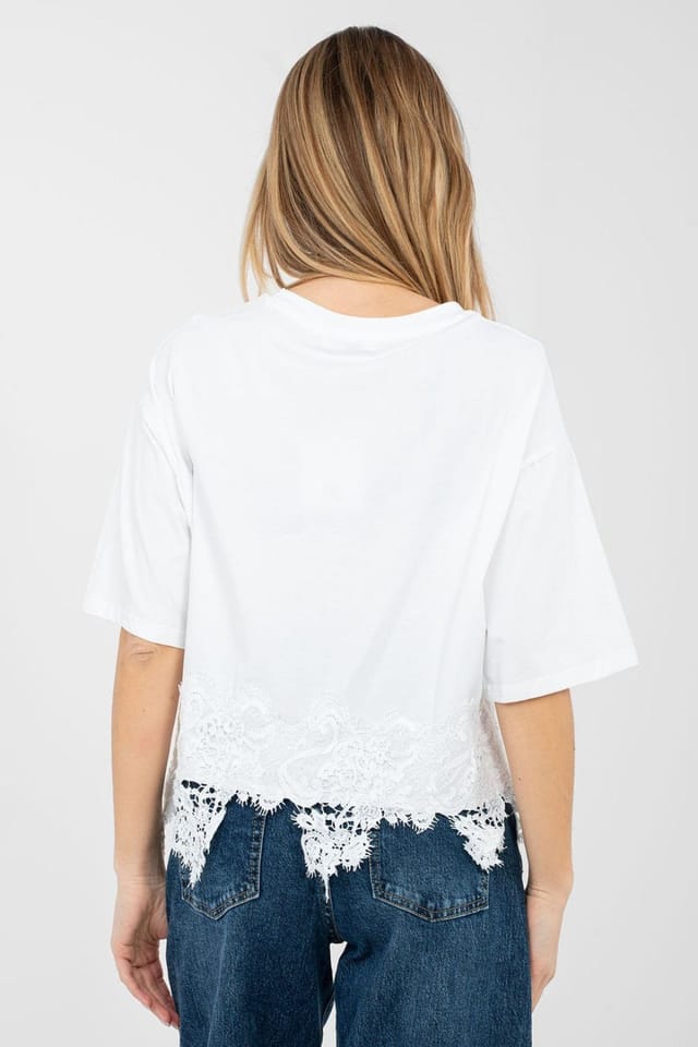 Love Lace Love Lace Women's Cotton Elastane Lace Hem Printed Blouse in White - 3