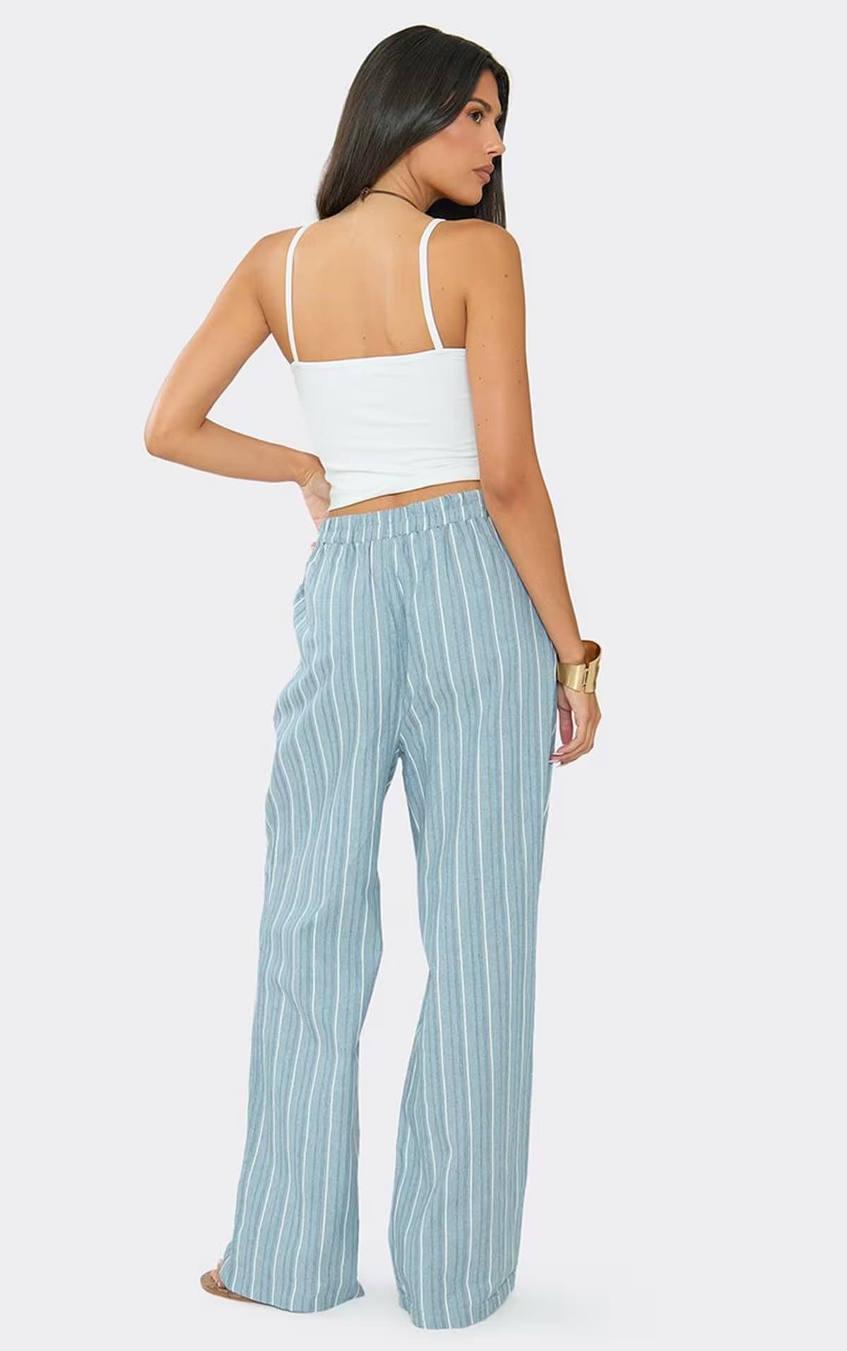 EGO High Waisted Tie Wide Leg Trousers In Blue Pinstripe, Women's Size UK 8
