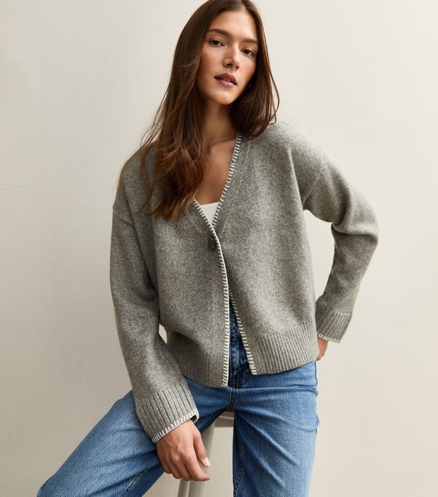 New Look Women's Grey Blanket Stitch Trim Knitted Cardigan New Look - 2