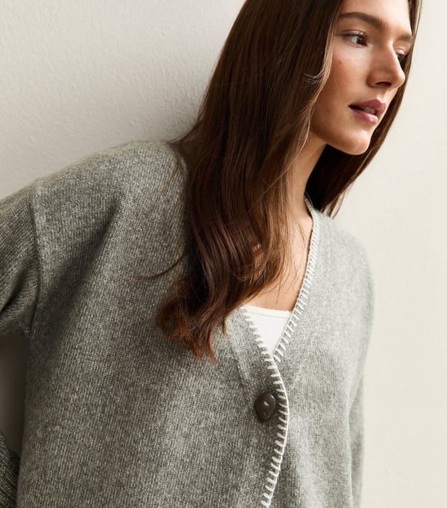 New Look Women's Grey Blanket Stitch Trim Knitted Cardigan New Look - 3