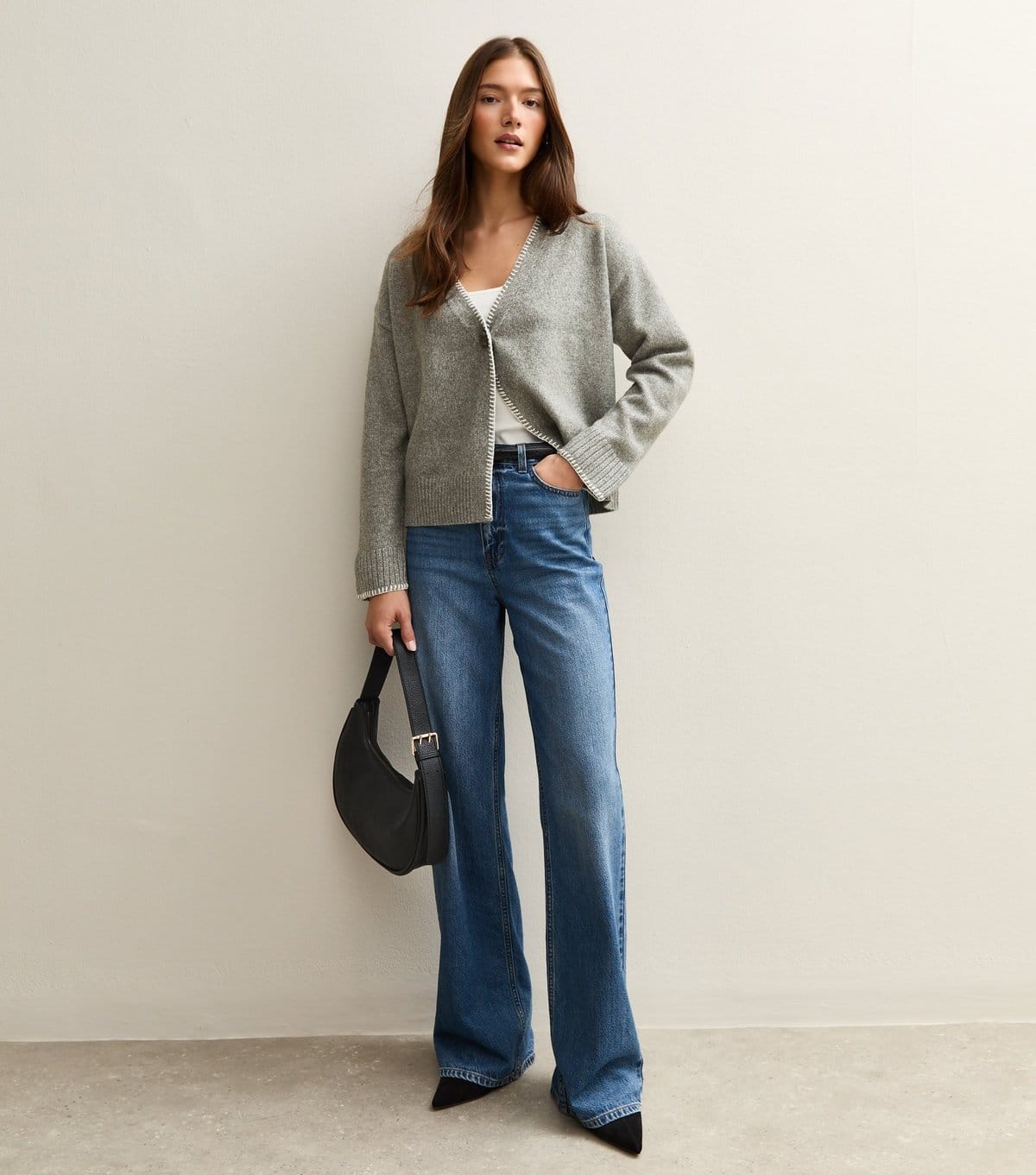 New Look Women's Grey Blanket Stitch Trim Knitted Cardigan New Look - 4