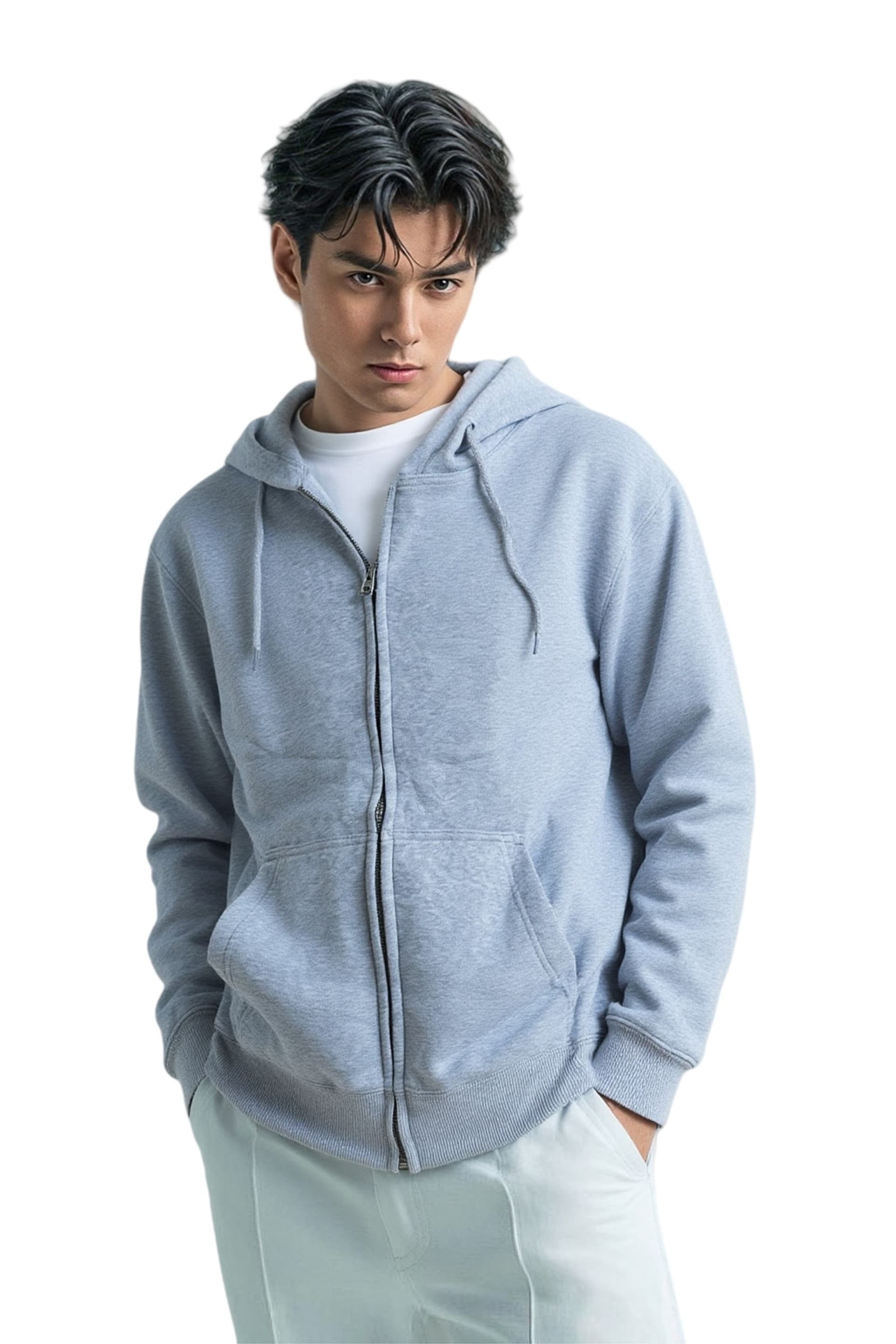 SweetLook SweetLook Light Grey Full Zip Up Polyester Hoodie for Men