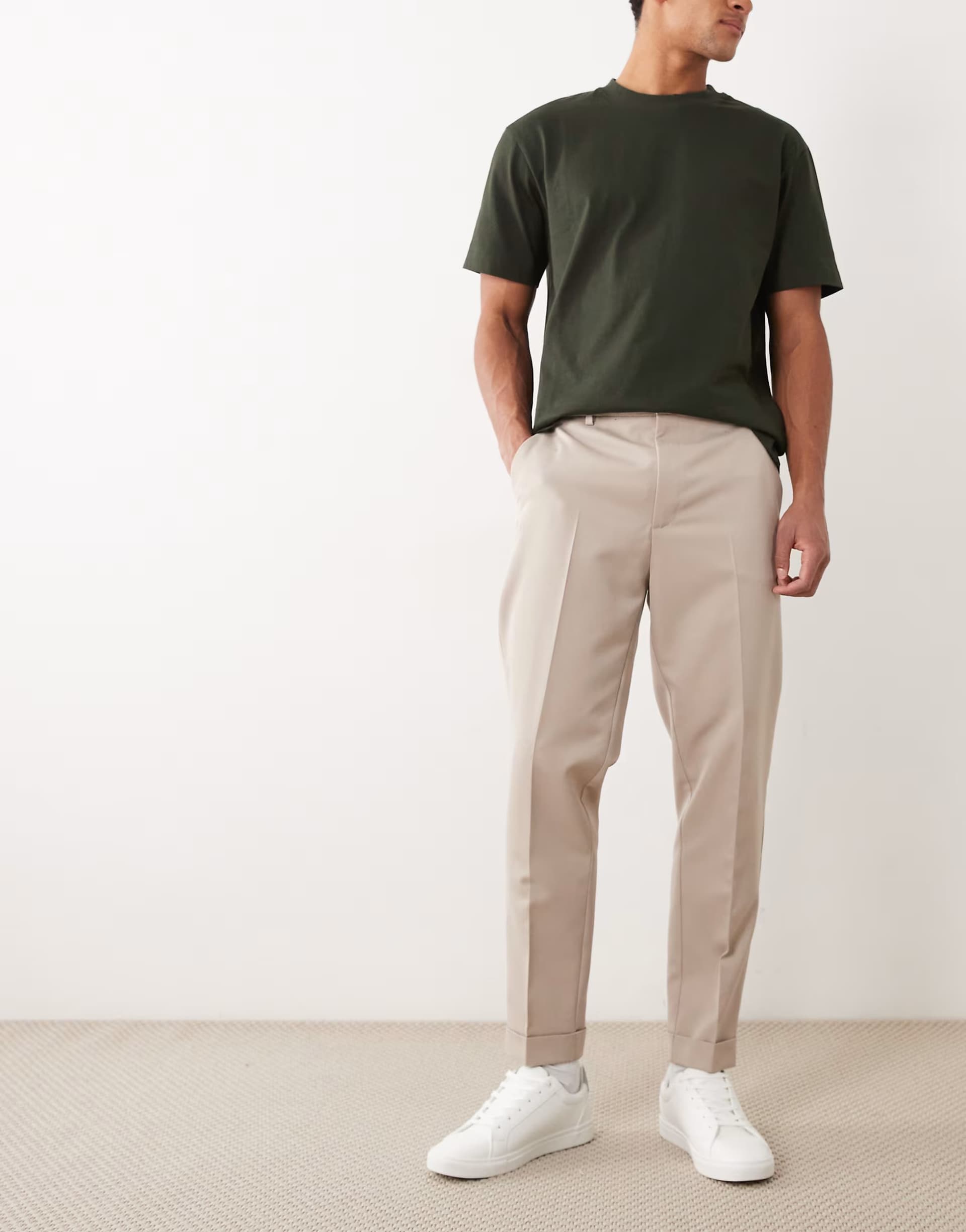 ASOS ASOS DESIGN tailored tapered trousers in stone with elasticated waist and turnup