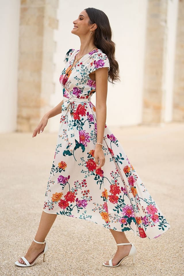 Yumi Yumi Women's Ivory Flower Print Wrap Midi Dress - 3