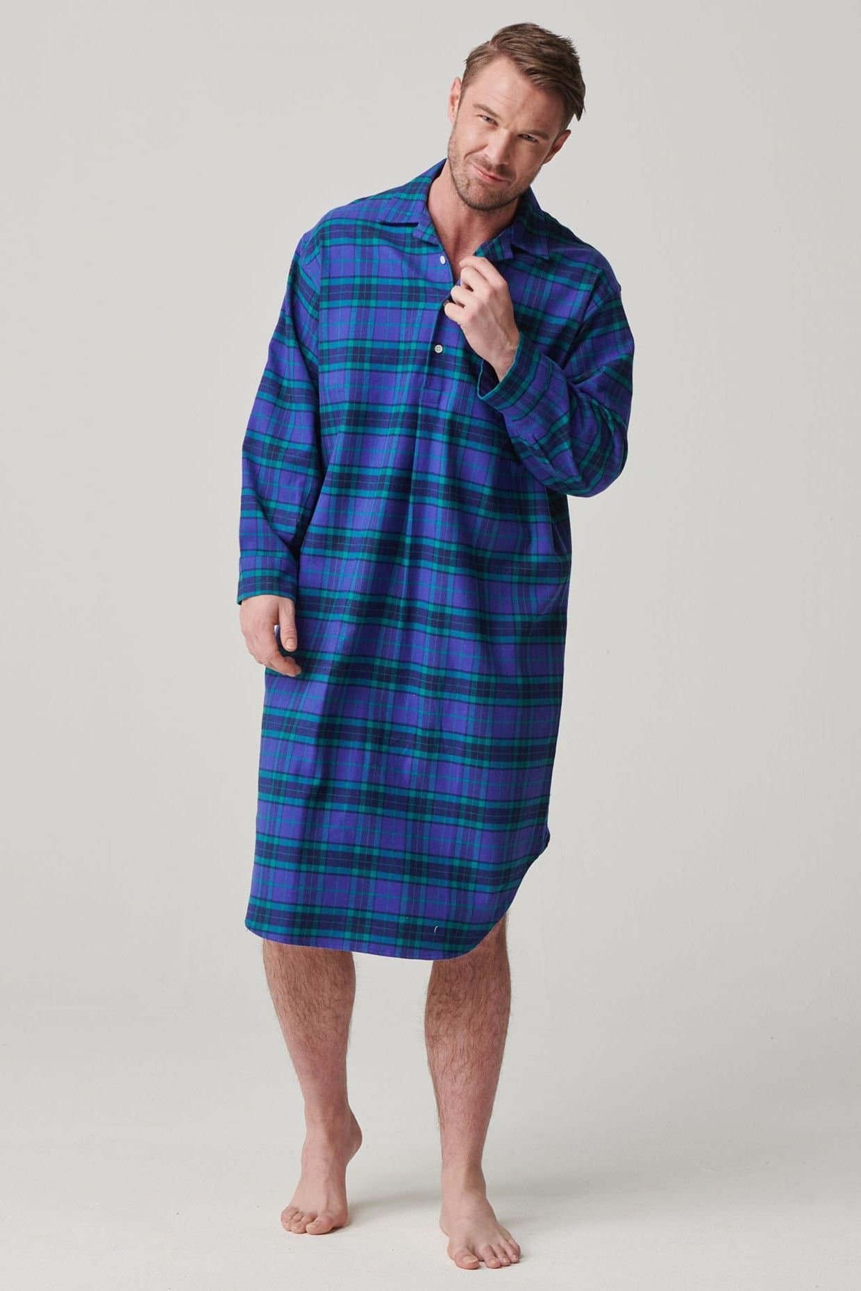 British Boxers British Boxers Men's "Midnight" Tartan Brushed Cotton Nightshirt in Dark Blue