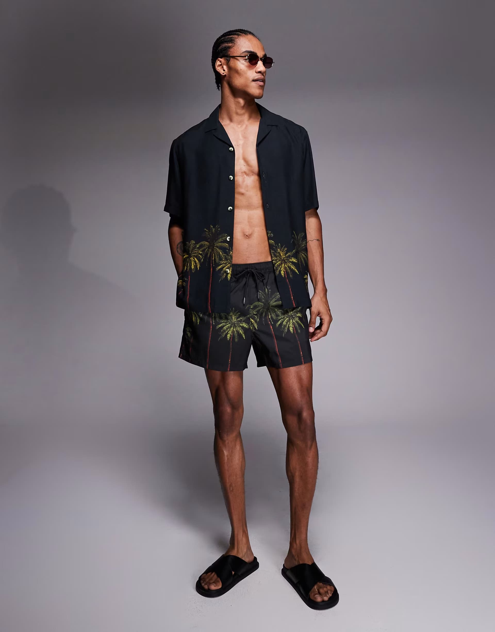 ASOS ASOS DESIGN co-ord relaxed revere shirt with palm tree placement print in black