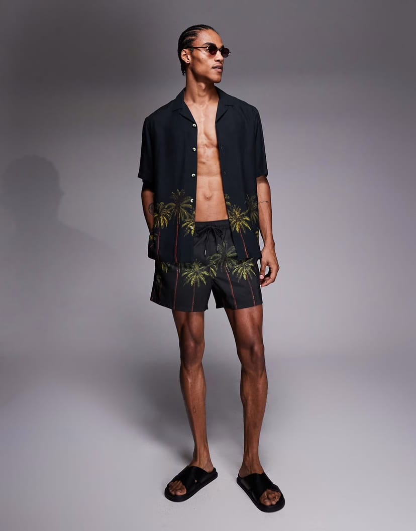 ASOS ASOS DESIGN co-ord relaxed revere shirt with palm tree placement print in black - 1