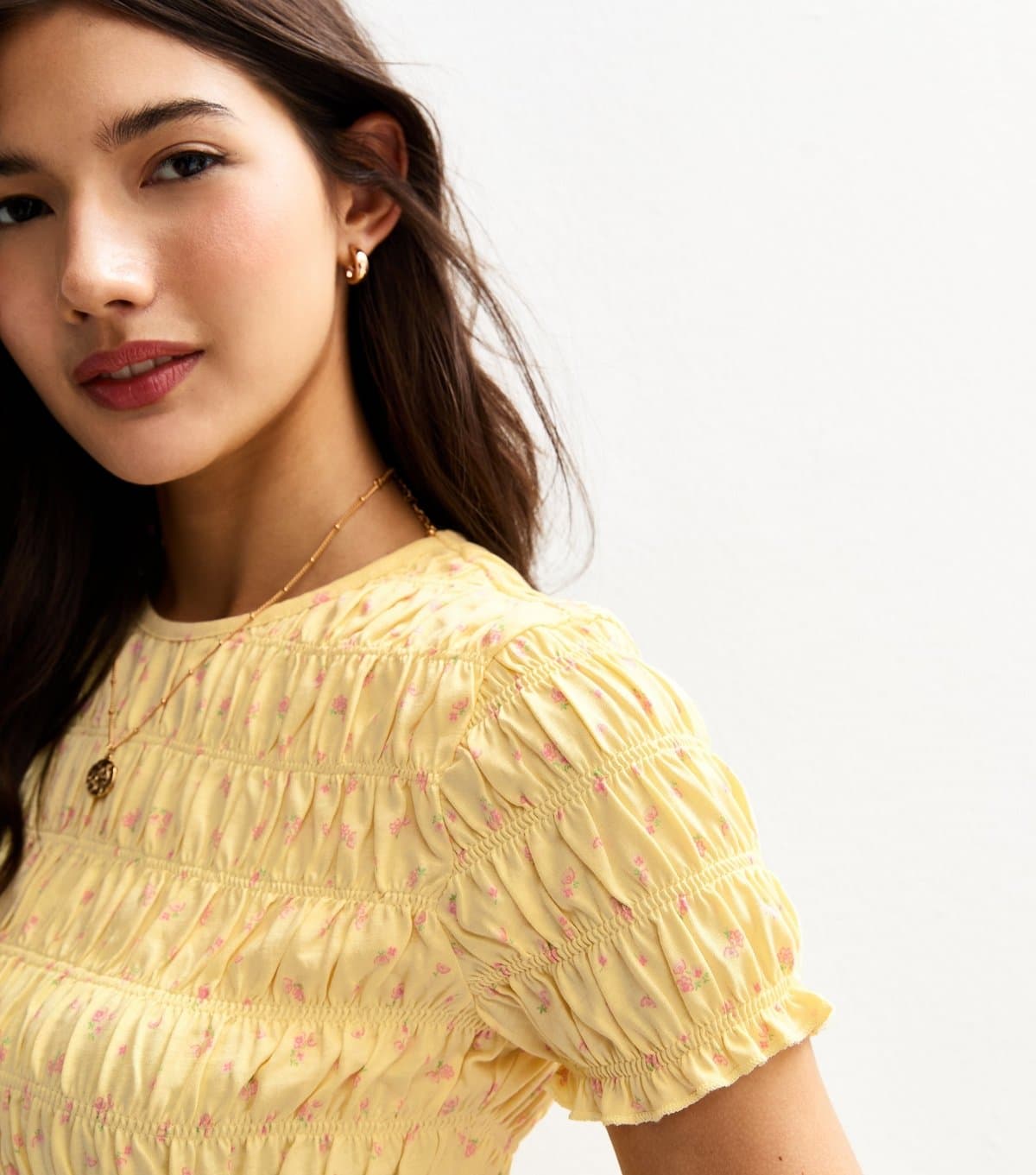 New Look New Look Yellow Floral Print Shirred T-Shirt