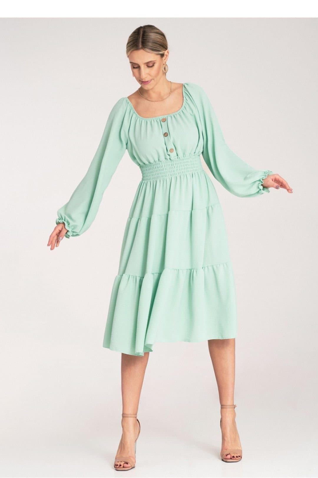 Love Lace Love Lace Women's Midi Ruched Dress Spanish Neckline Wooden Buttons in Green