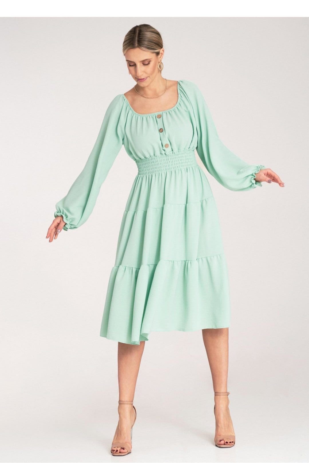Love Lace Green Midi Ruched Dress with Spanish Neckline