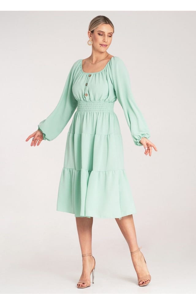 Love Lace Love Lace Women's Midi Ruched Dress Spanish Neckline Wooden Buttons in Green - 2