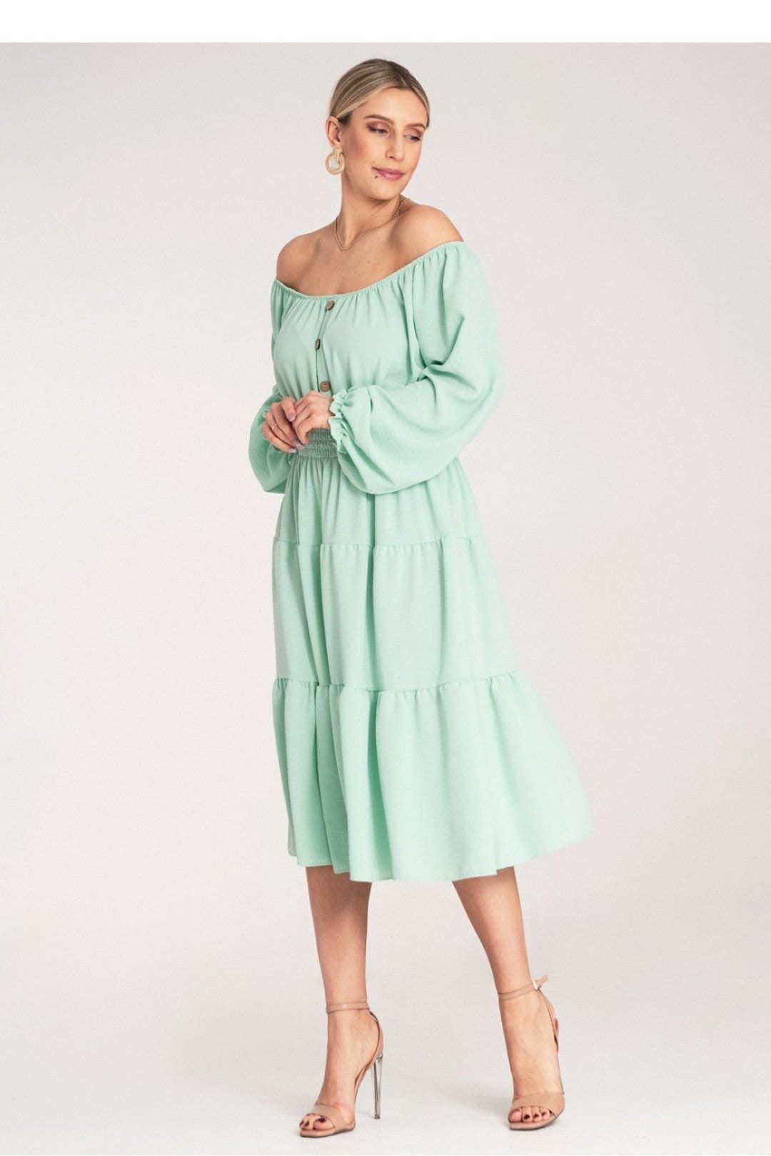 Love Lace Love Lace Women's Midi Ruched Dress Spanish Neckline Wooden Buttons in Green - 4