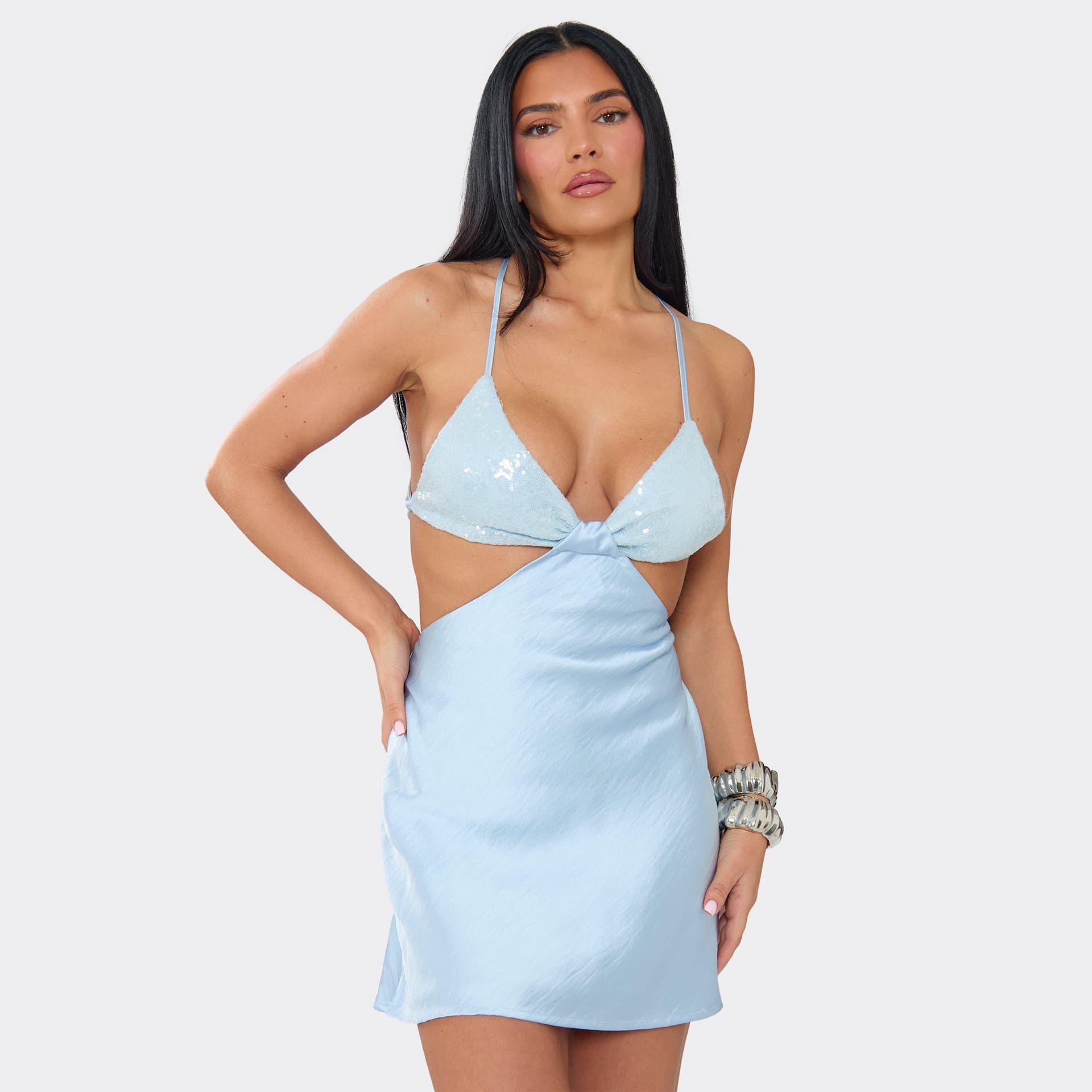 EGO Strappy Cut Out Sequin Bust Mini Dress In Blue Satin, Women's Size UK 6