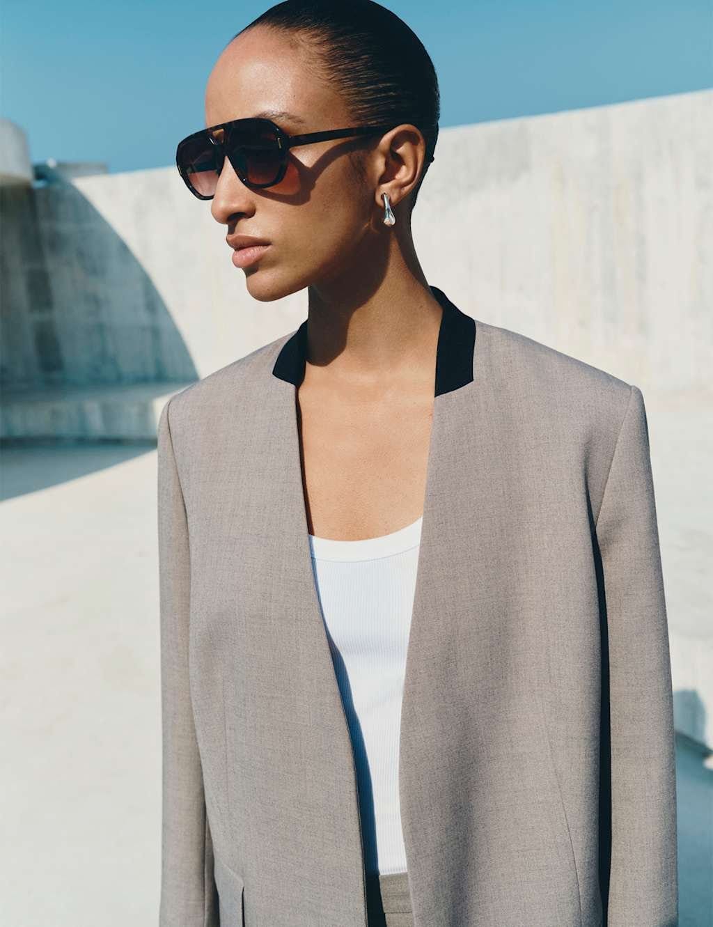 M&S Collarless Relaxed Blazer Light Grey