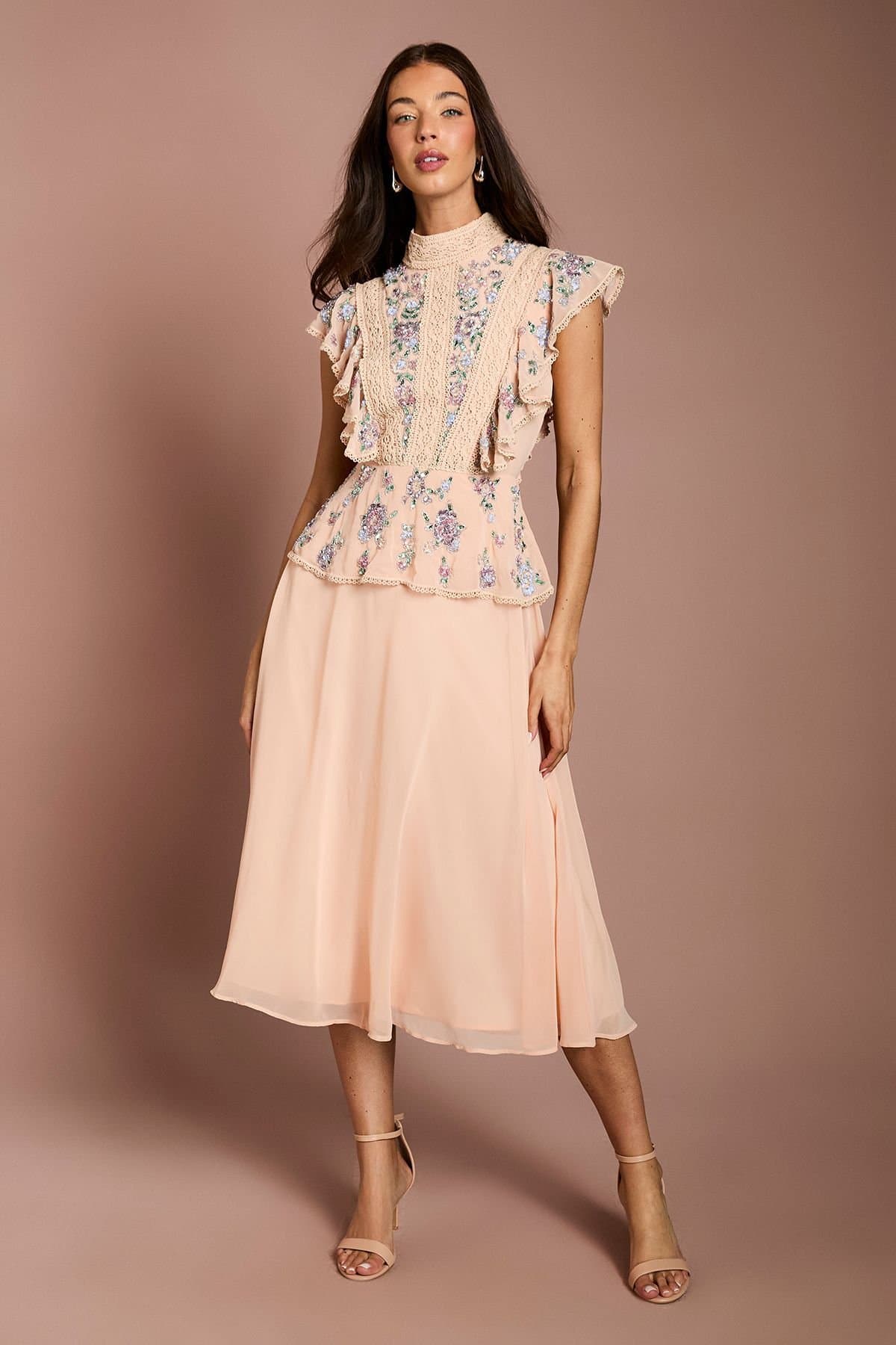 Coast Coast Women's Embellished Frill Detail Midi Dress in Coral