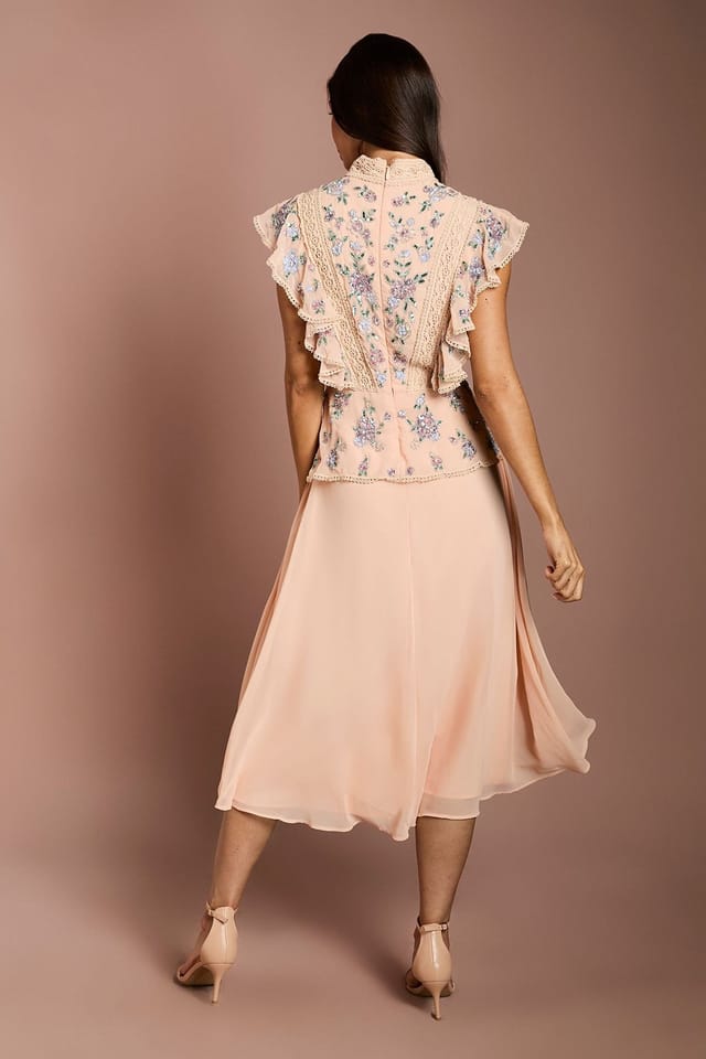 Coast Coast Women's Embellished Frill Detail Midi Dress in Coral - 3