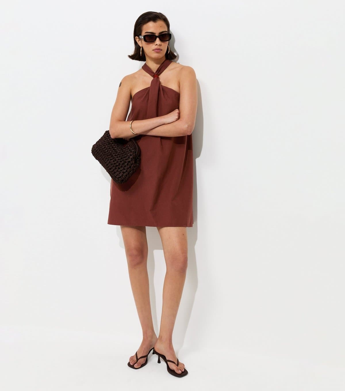 New Look Women's Dark Brown Cotton Rich Bead Halter Neck Mini Dress New Look