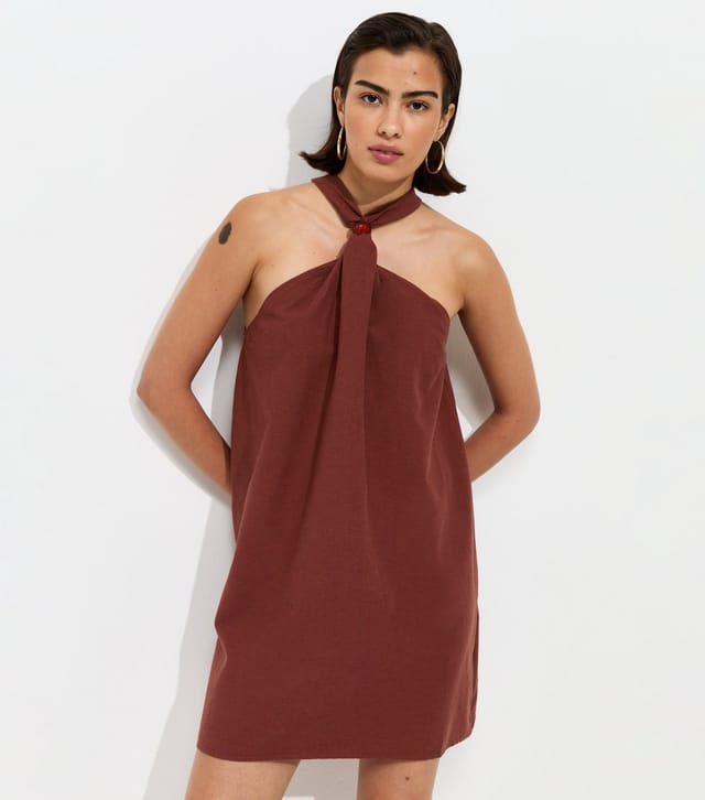 New Look Women's Dark Brown Cotton Rich Bead Halter Neck Mini Dress New Look - 2