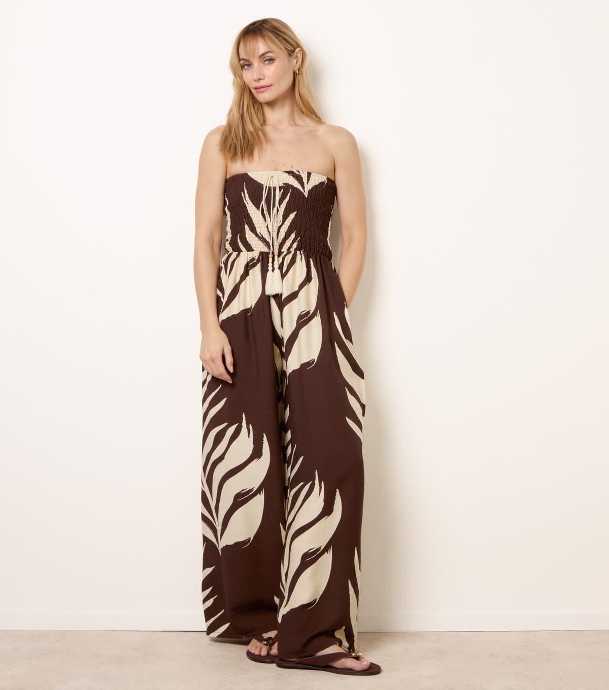 Blue Vanilla Women's Dark Brown Shirred Bust Tropical Jumpsuit Blue Vanilla New Look