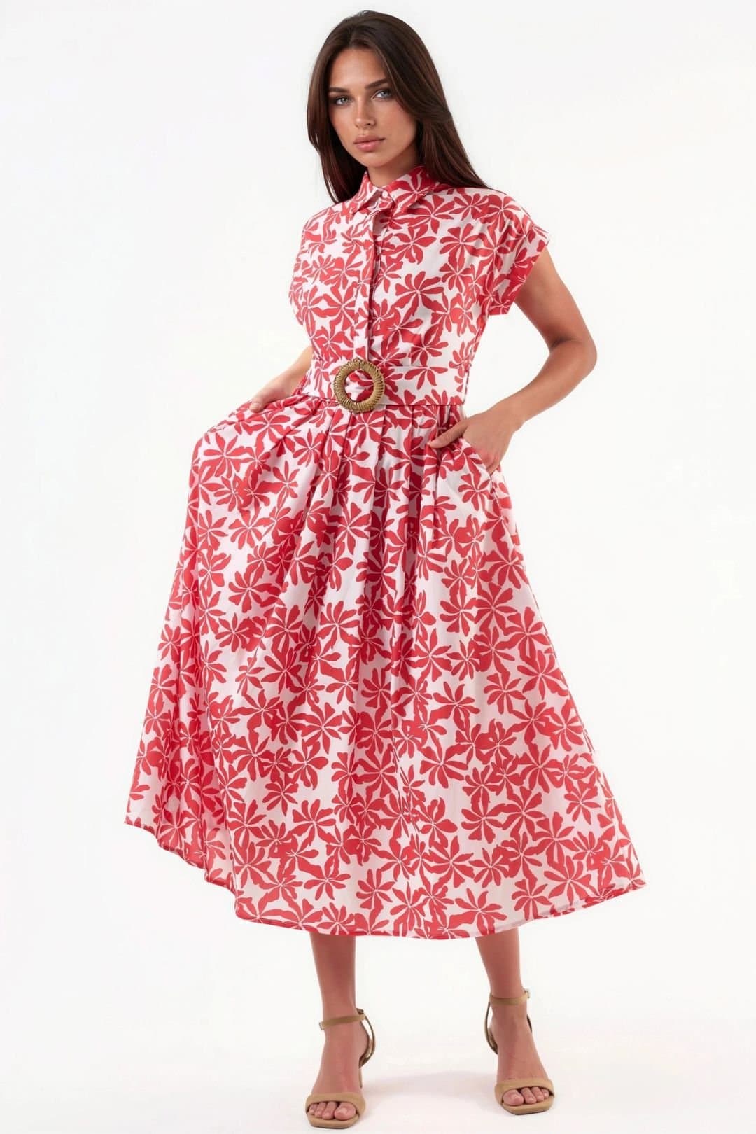 Busem Busem Women's Floral A-Line Midi Dress with Belt in Red