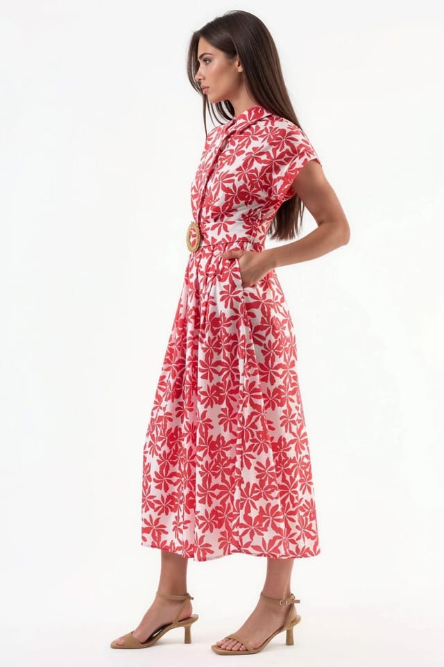 Busem Busem Women's Floral A-Line Midi Dress with Belt in Red - 2