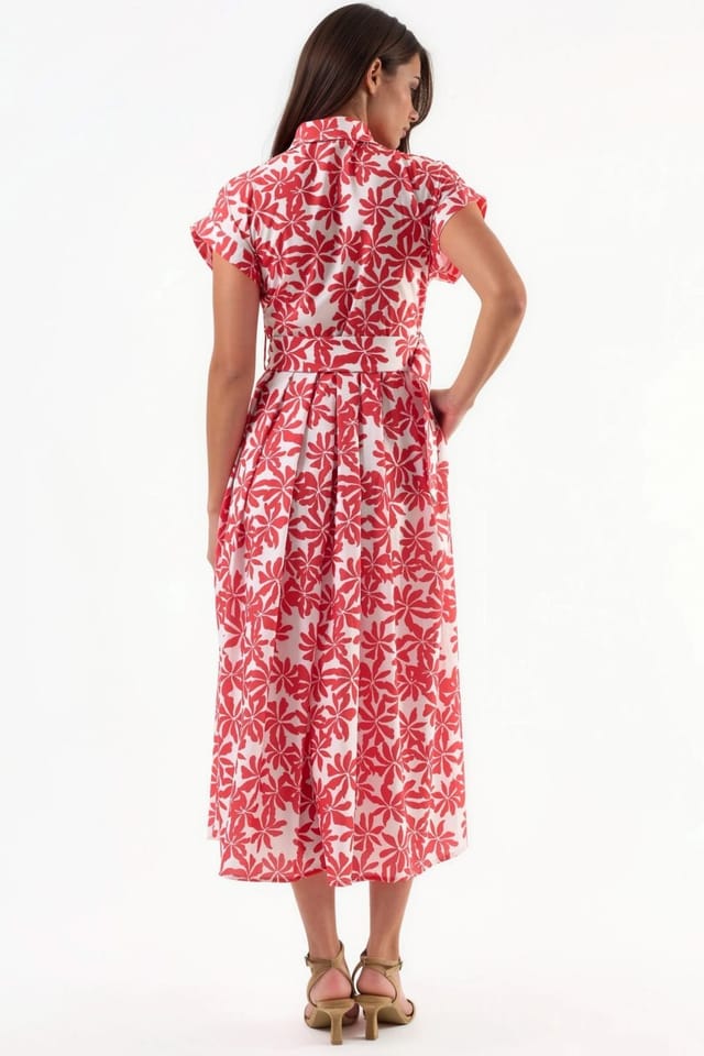 Busem Busem Women's Floral A-Line Midi Dress with Belt in Red - 3